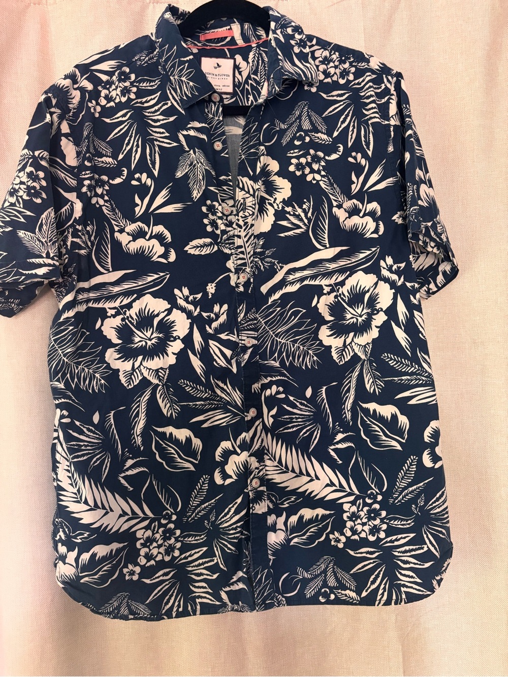 Denim & Flower Ricky SinghHawaiian Floral Button Up Shirt Blue White Slim Fit XL